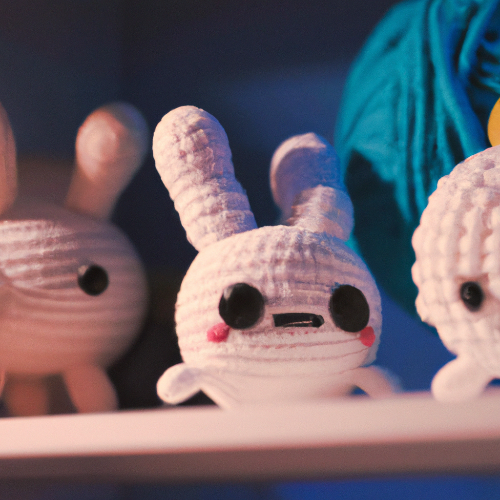 Collection d’amigurumis sur étagère minimaliste en tons pastels
