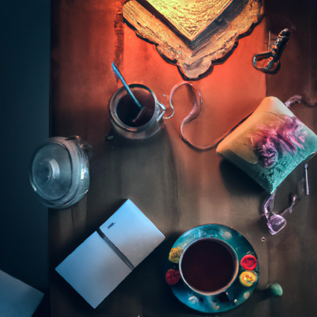 Atelier crochet cosy avec lumière douce, thé et notes